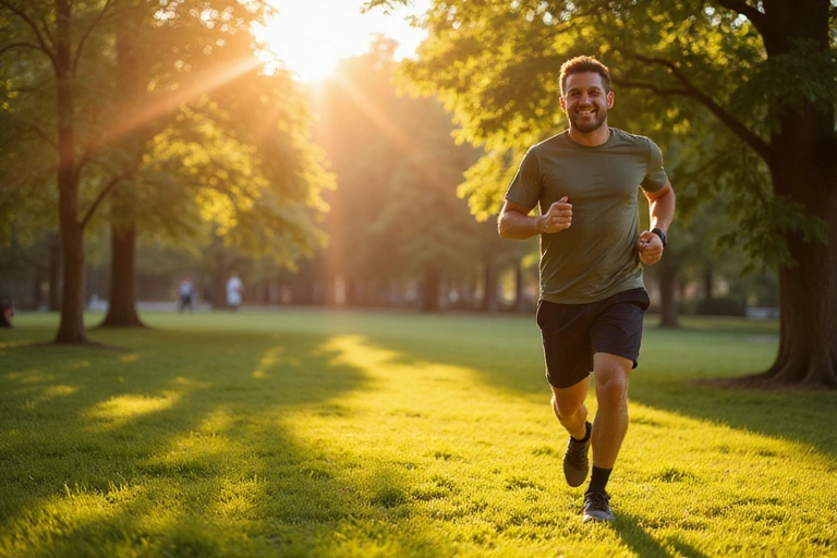 An energetic man running through a lush green park, symbolizing natural energy and an active lifestyle.